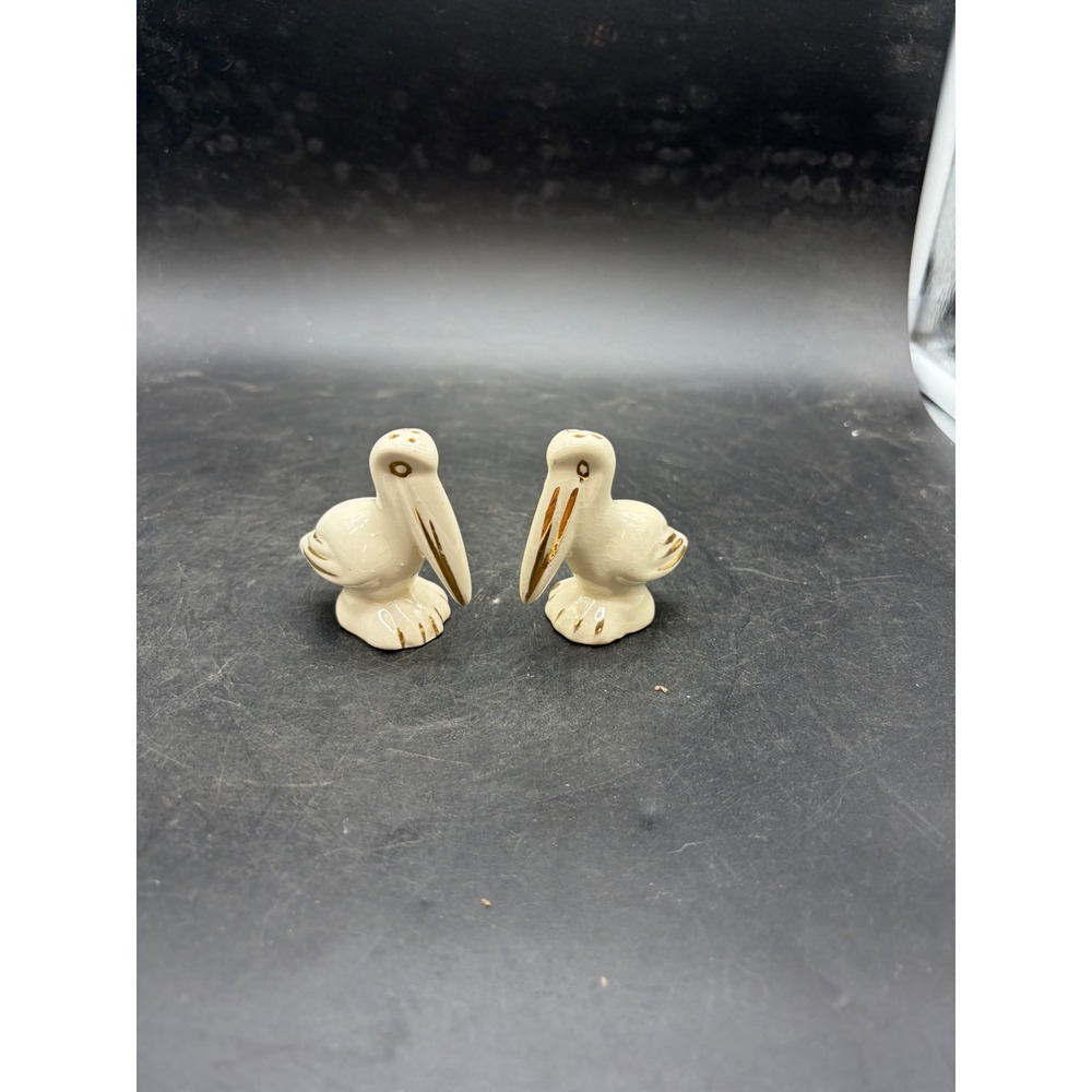 Vintage Pelican Salt and Pepper Shakers Ceramic Gold Trim Cream Bird Set